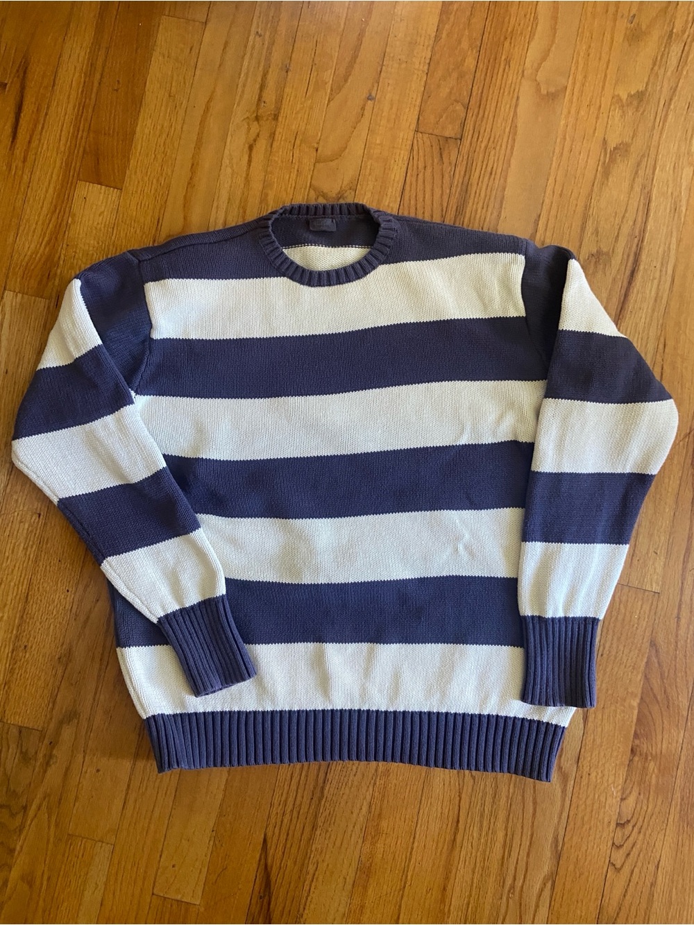 Brandy Melville Oversized Cream and Navy Striped Crewneck Sweater